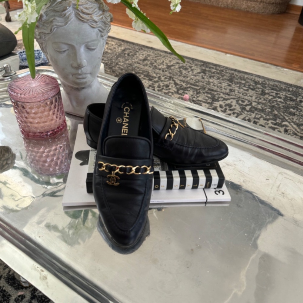 Chanel black leather loafers